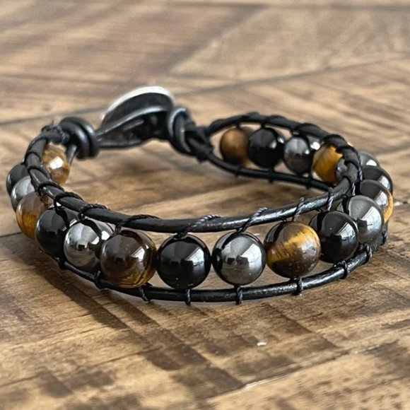 goddess zodiac Jewelry - Tiger Eye - Black Onyx - Hematite Leather Bracelet